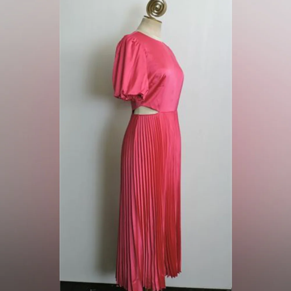 *Adelyn Rae Vibrant Pink Cutout Pleated Satin Dress Balloon Sleeve Size M - Picture 3 of 12